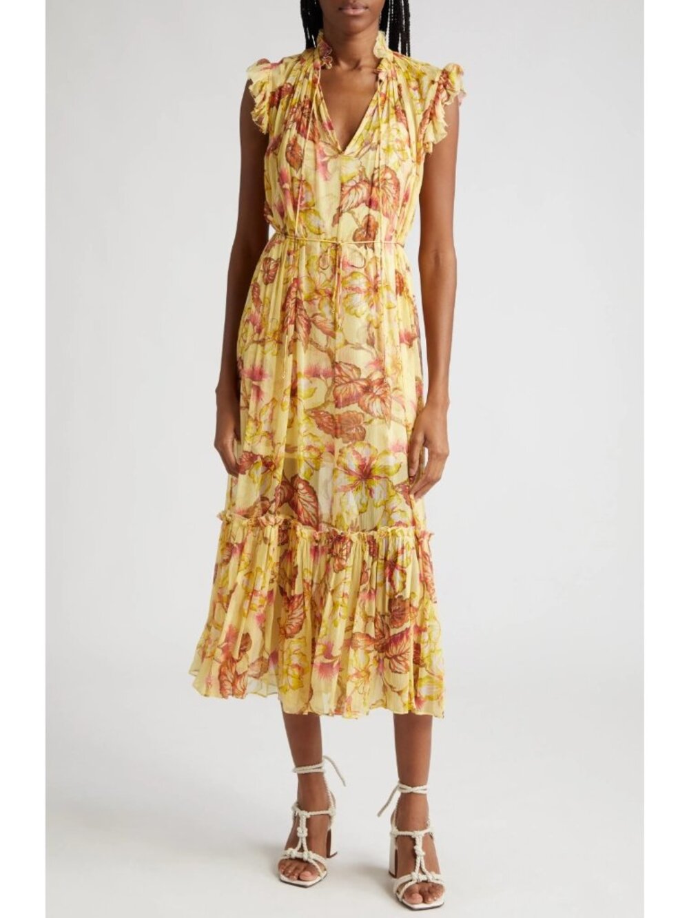 Zimmermann Matchmaker Hibiscus Flutter Sleeve Midi Dress Yellow Sz 4 US 12
